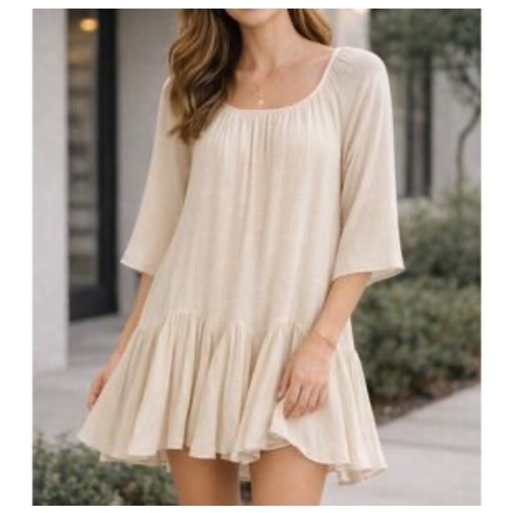 NWOT Indigo Soul Beige Ruffle Babydoll Tunic Dress 3/4 Sleeve Boho Y2K Cottage S